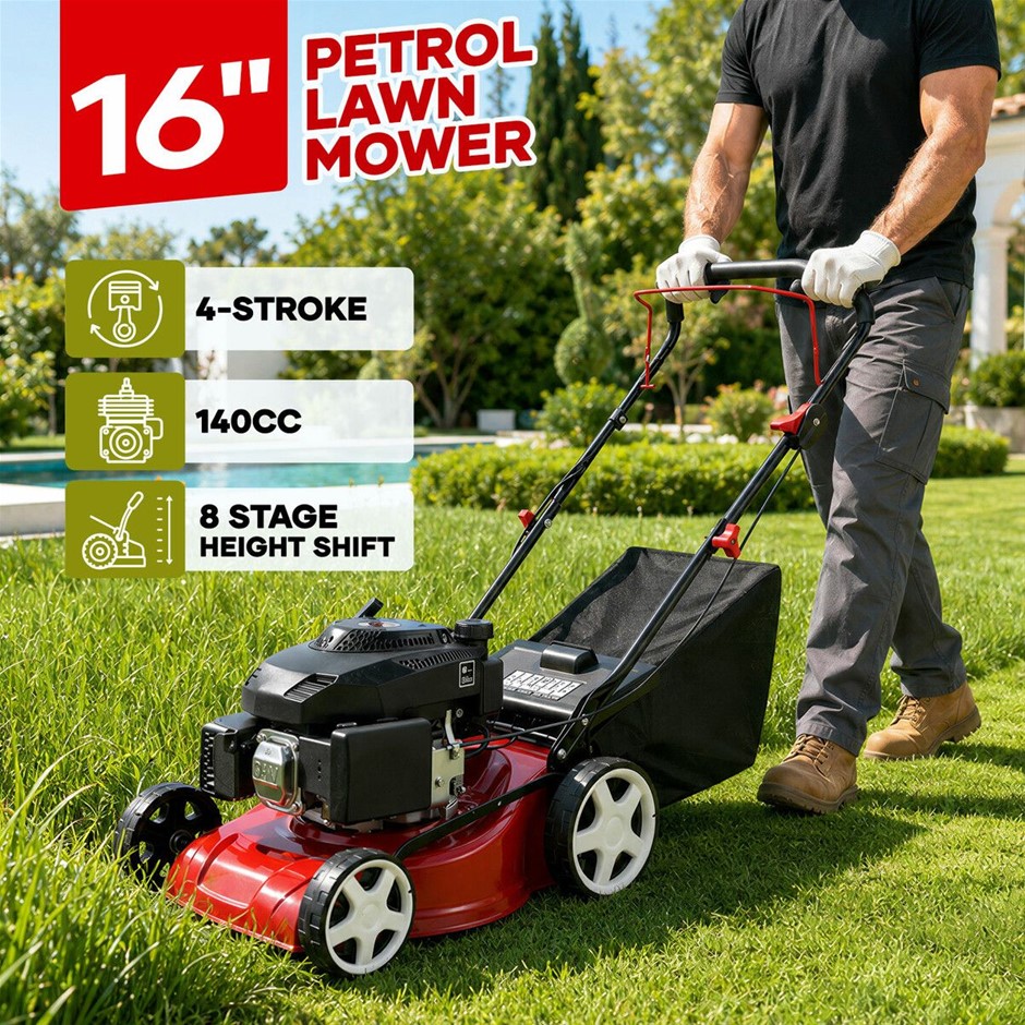 16in Petrol Lawn Mower 140cc 4-Stroke 40cm Cut 45L Catcher 8-Position