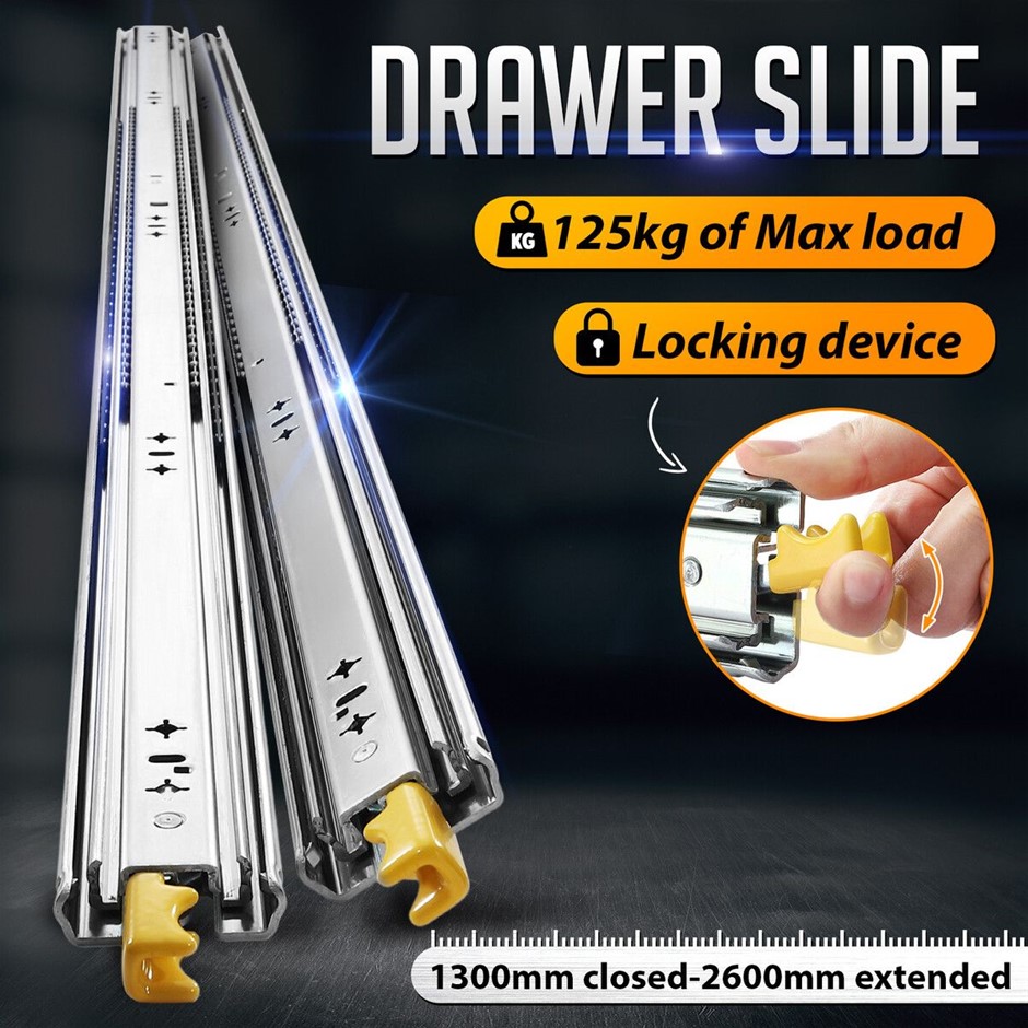 Heavy Duty Drawer Slides 125kg Locking Ball Bearing 1300-2600mm