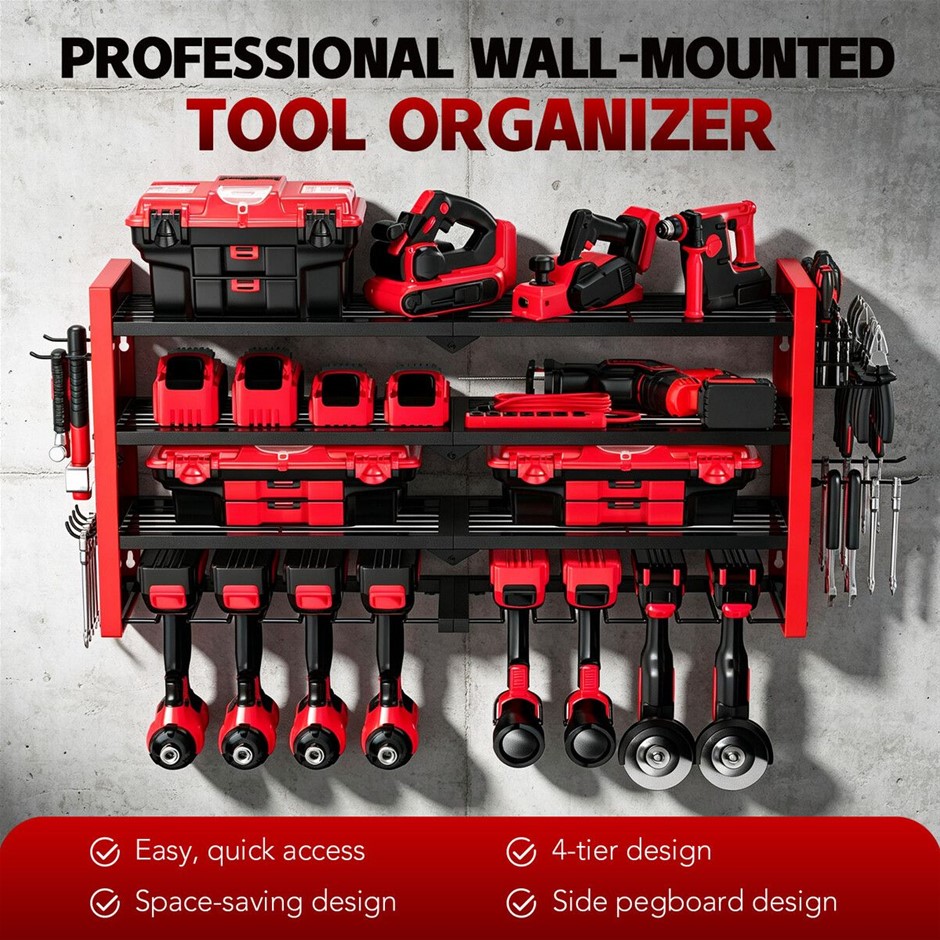 4 Tier Wall Mounted Power Tool Organiser Metal Rack with 8 Holders - Red