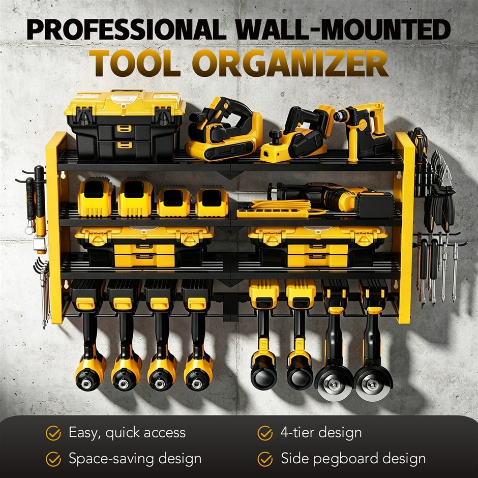 4 Tier Wall Mounted Power Tool Organiser Metal Rack with 8 Holders - Yellow