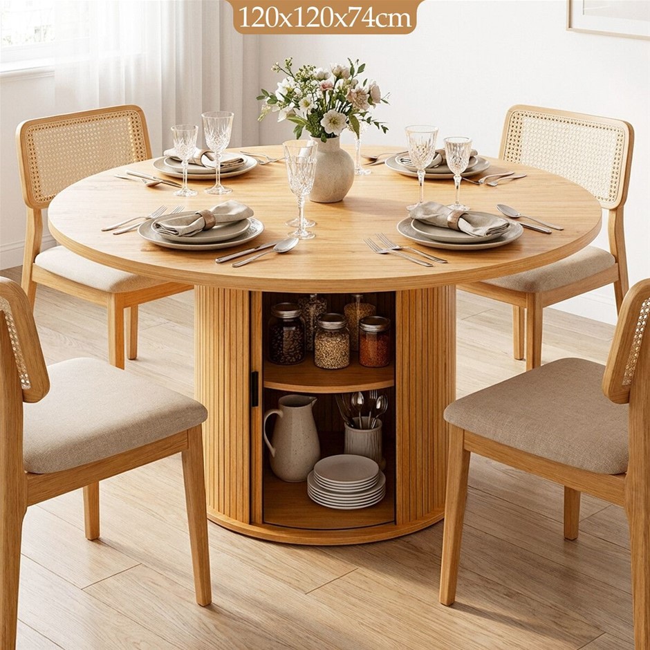 120cm Round Dining Table Oak Finish with 2 Tier Storage Metal Base
