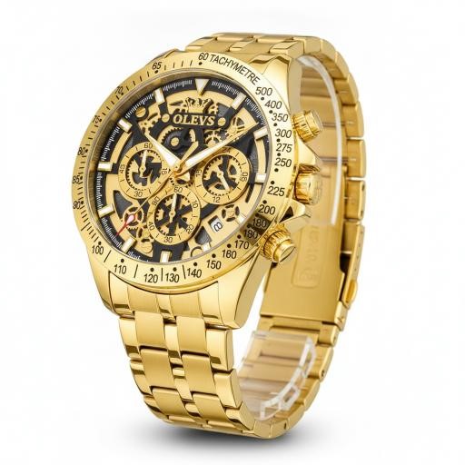 OLEVS Luxury Gold Skeleton Chronograph Watch with Premium Gift Box