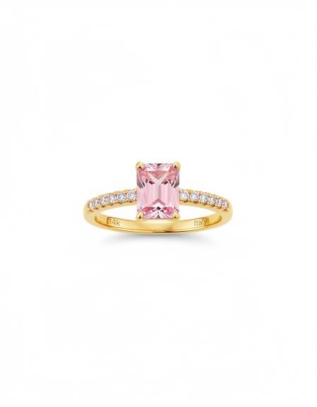 14K/Italy 2.0ct Pink Emerald Cut Yellow Gold Bonded Ring(stamped) 6US