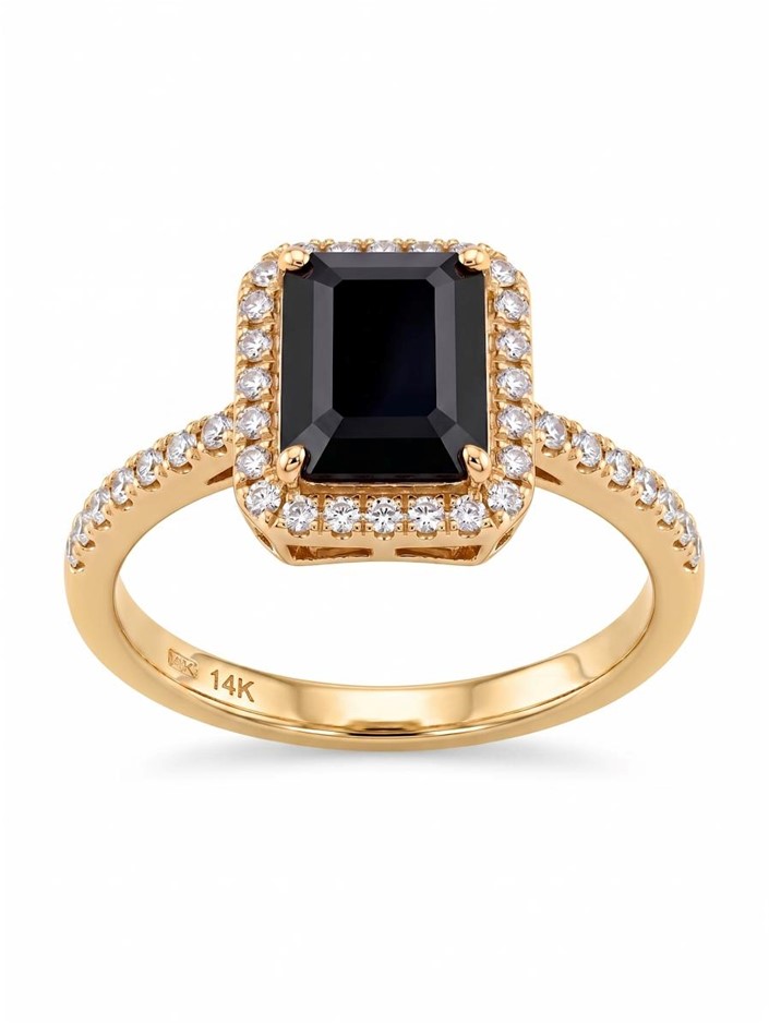 14K/Italy 2.0ct black Emerald Cut Yellow Gold Bonded Ring(stamped) 8US