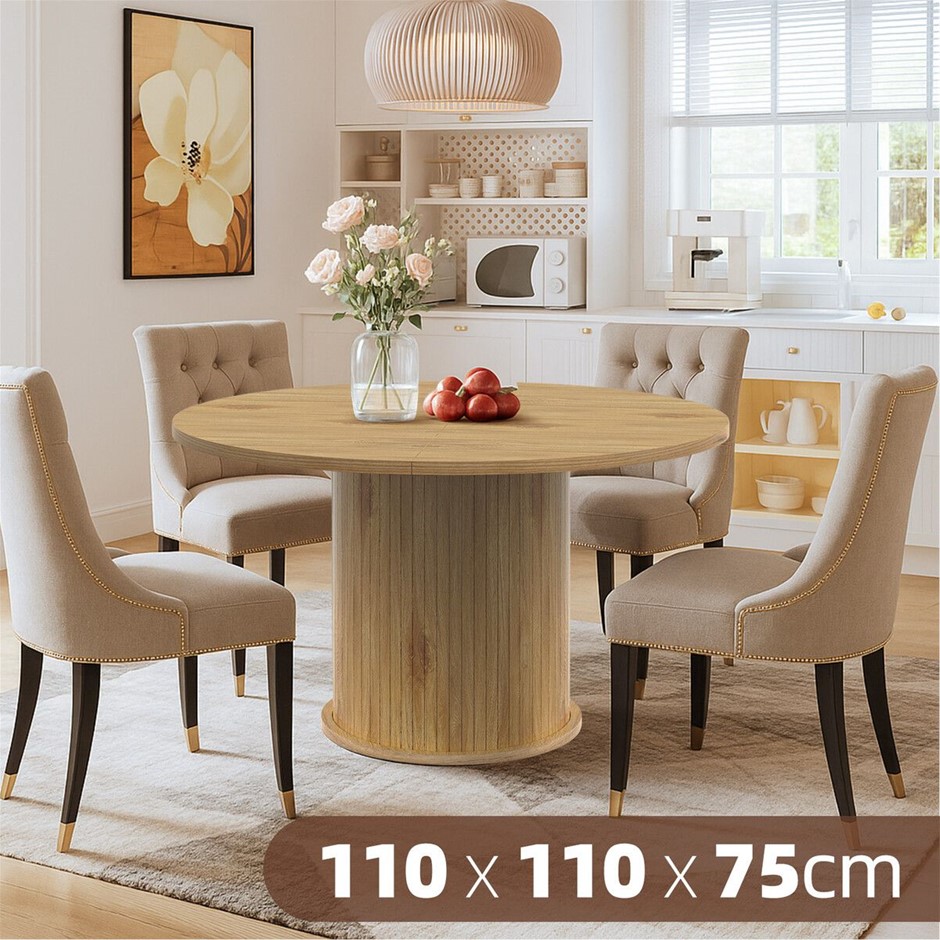 110cm Round Dining Table Oak Finish Metal Base