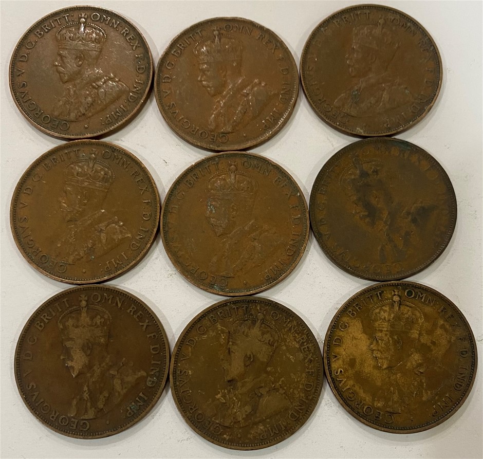 Australia pre decimal KGV Pennies x 9