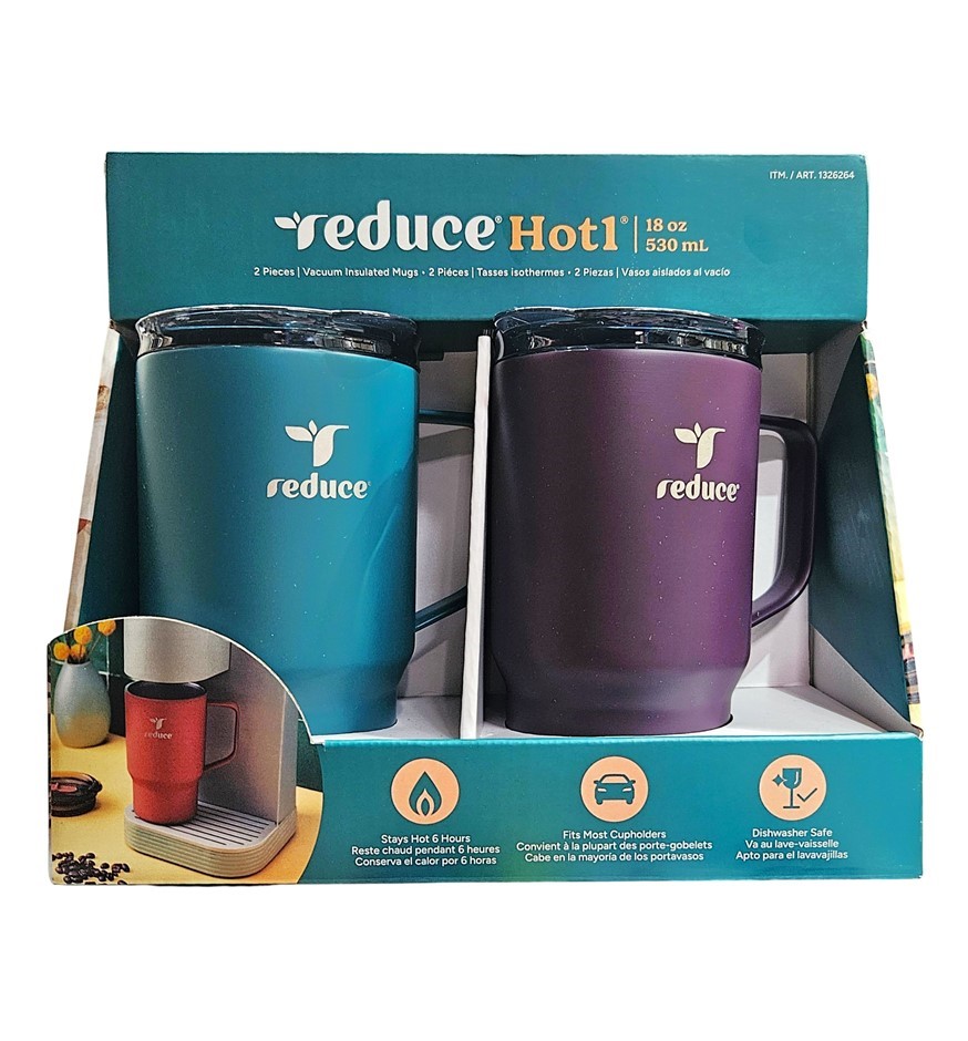REDUCE 2pc Hot1 Vacuum Insulated Mugs, 530ml, Blue & Purple.