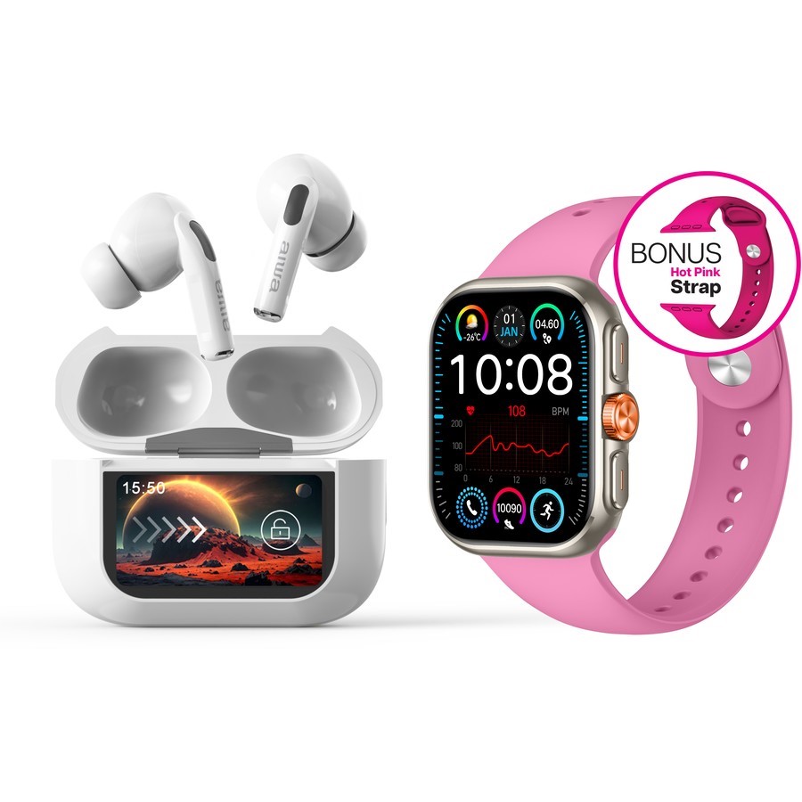 AIWA Smart Tech Duo - 2-inch Smartwatch with Pink Straps and Black Noise-Ca
