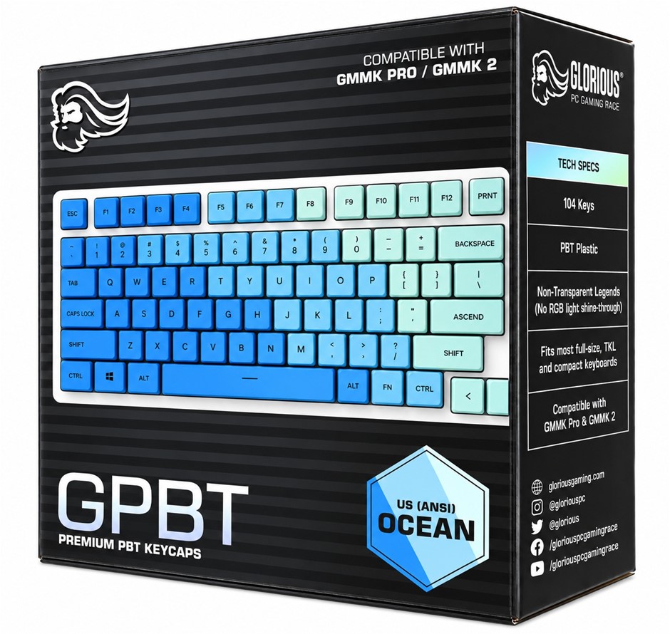 Glorious GPBT Dye Sublimated Keycaps (Caribbean Ocean) - Thick PBT Plastic