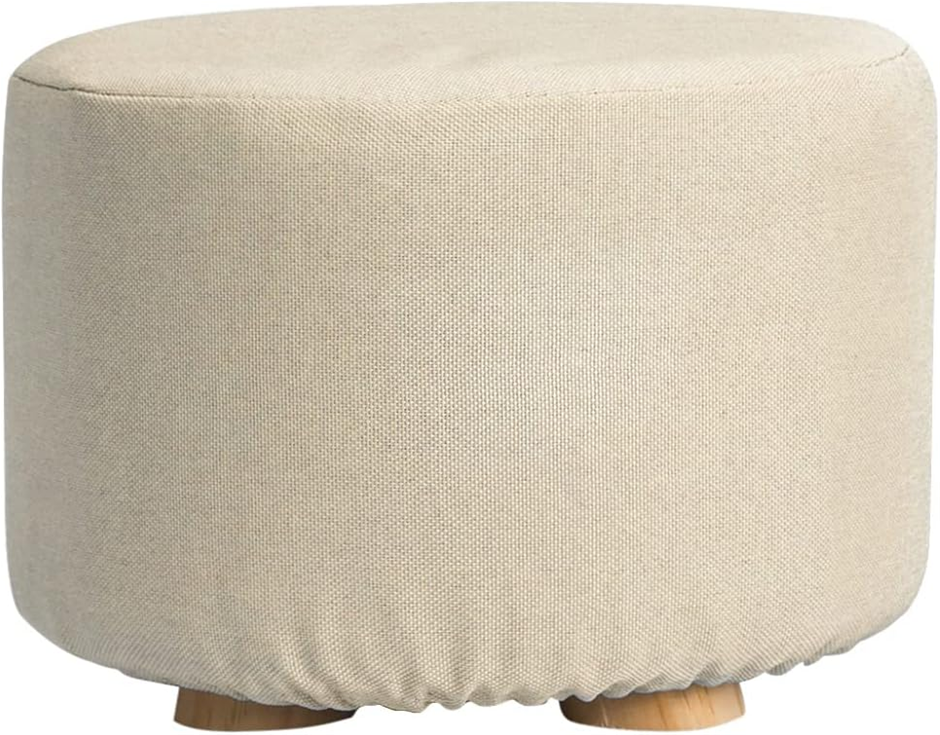 LA BELLA Round Ottoman Foot Stool – Faux Linen Fabric, Wooden Frame, Padded