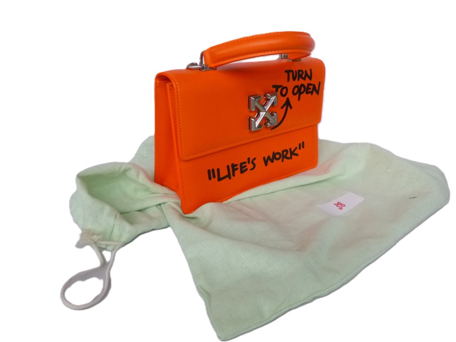 Off-White Jitney Top Handle Slogan Print Leather Handbag With Flap Closure