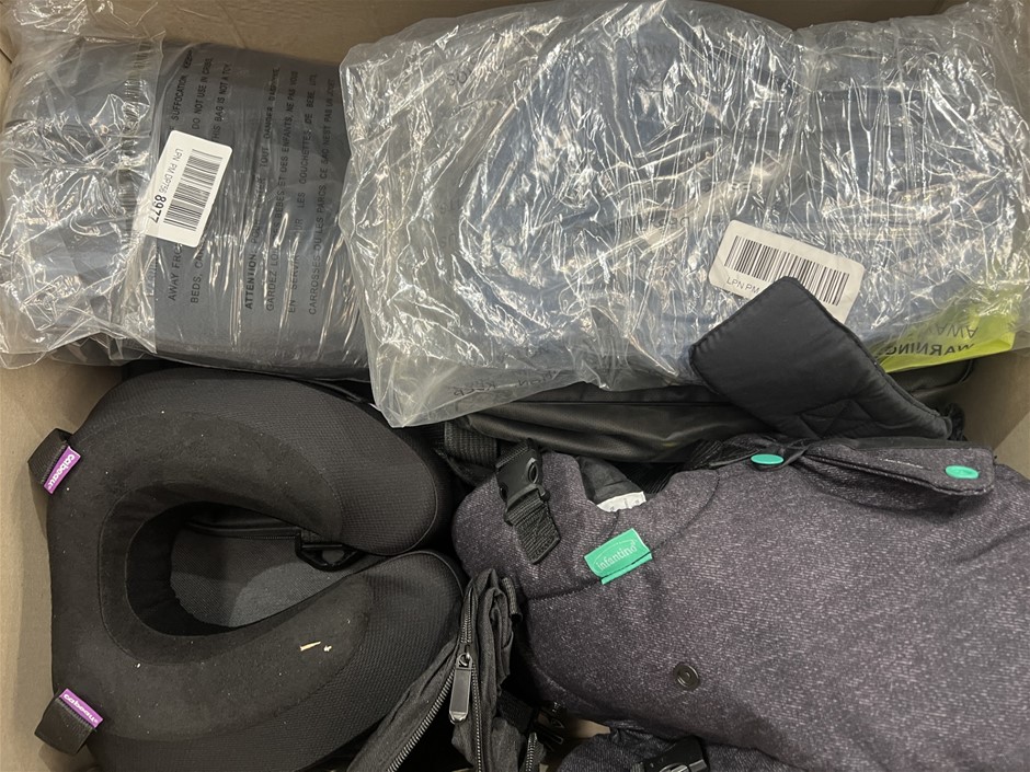 6 x Assorted Travel Products; baby Carriers, Plane Pillow & More. NB: Photo