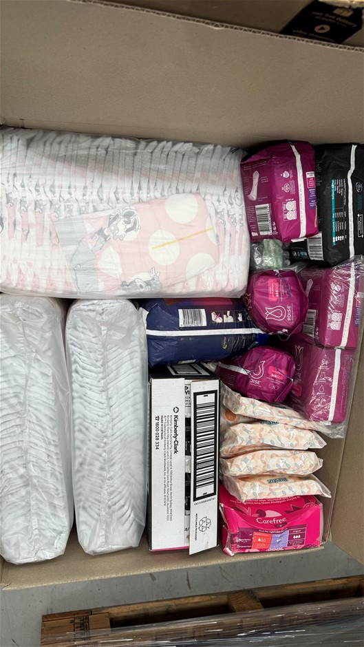Assorted Box of Feminine Hygiene and Childrens Nappies. NB: Some may be mis