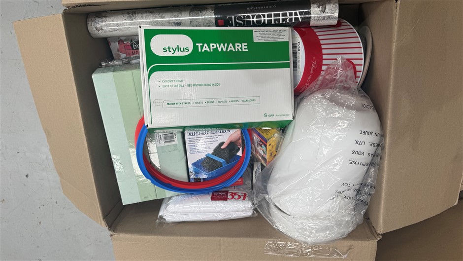 Assorted Box of Kitchenware/Homeware Items incl Vinyl, Bio-sponge, Popcorn