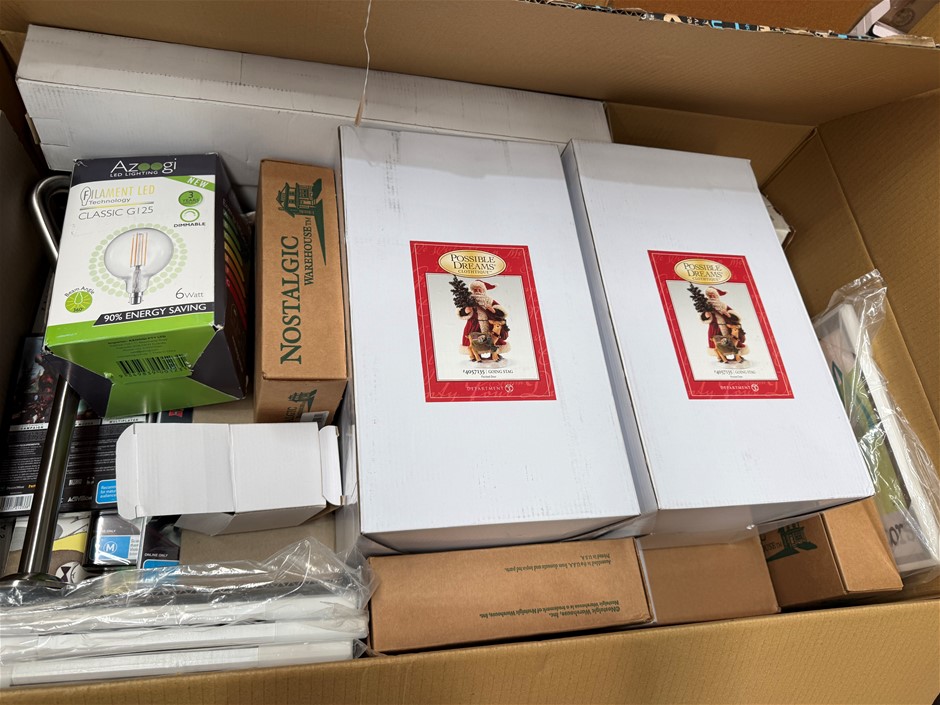 Assorted Box of Homeware Items incl: Light bulbs, Santa Statues, Door Knobs