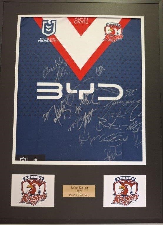 SYDNEY ROOSTERS 2026 SQUAD SIGNED & FRAMED JERSEY