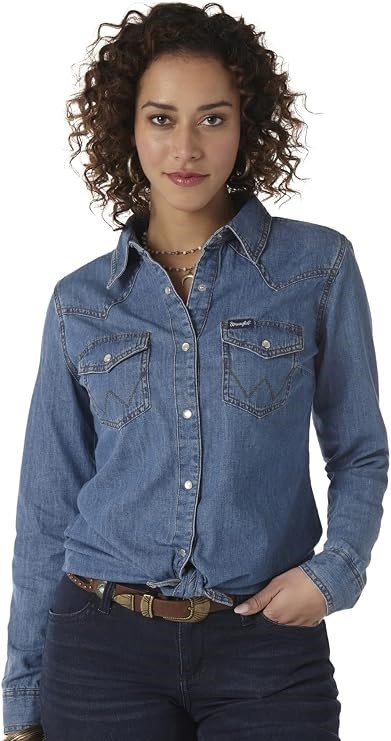 WRANGLER Women's Retro LS Western Denim Snap Shirt, Size XS, Mid Denim, LW7