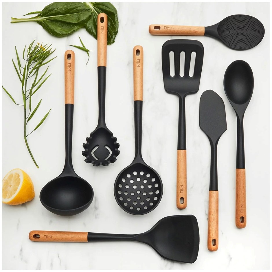 MIU 8pc SIlicone Utensil Set, Beechwood Handle. NB: Damaged packaging, 1 x