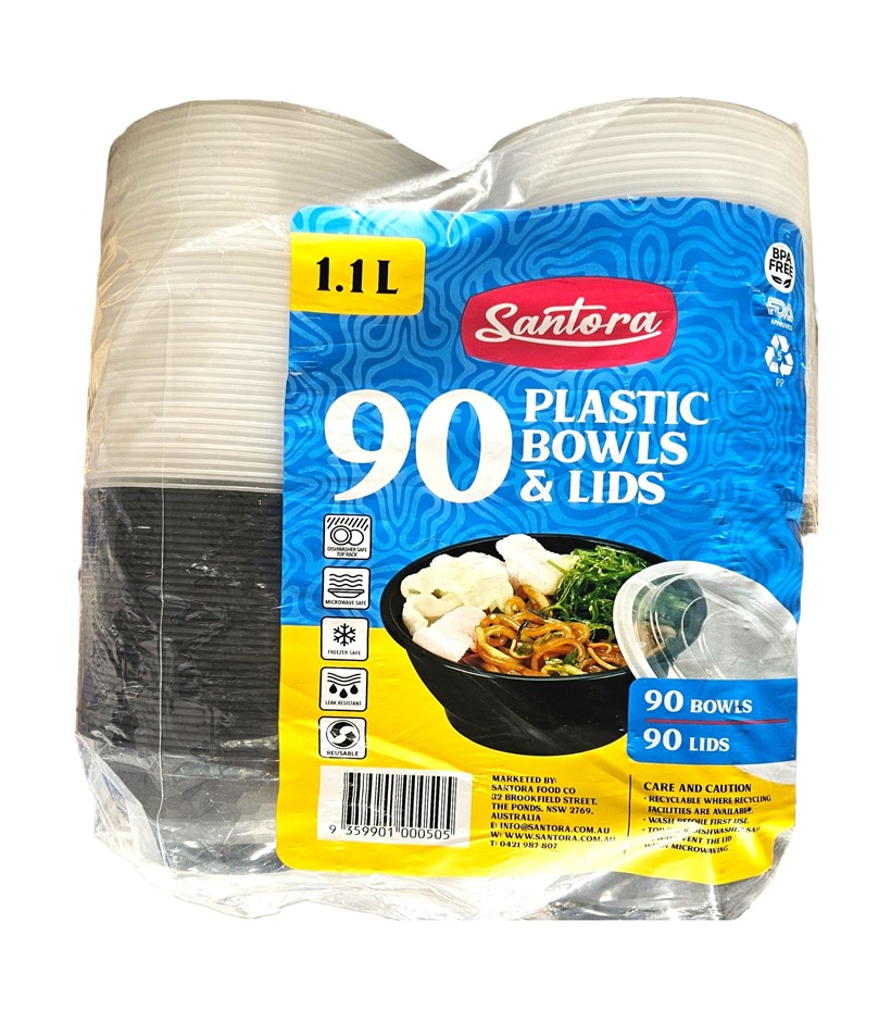 SANTORA 90pc Plastic Disposable Bowls & Lids. N.B: Damaged packaging.
