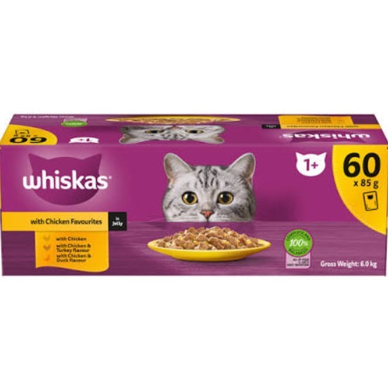 WHISKAS 60 Packs of Chicken Favourites in Jelly Cat Food (5 x Boxes of 12 P