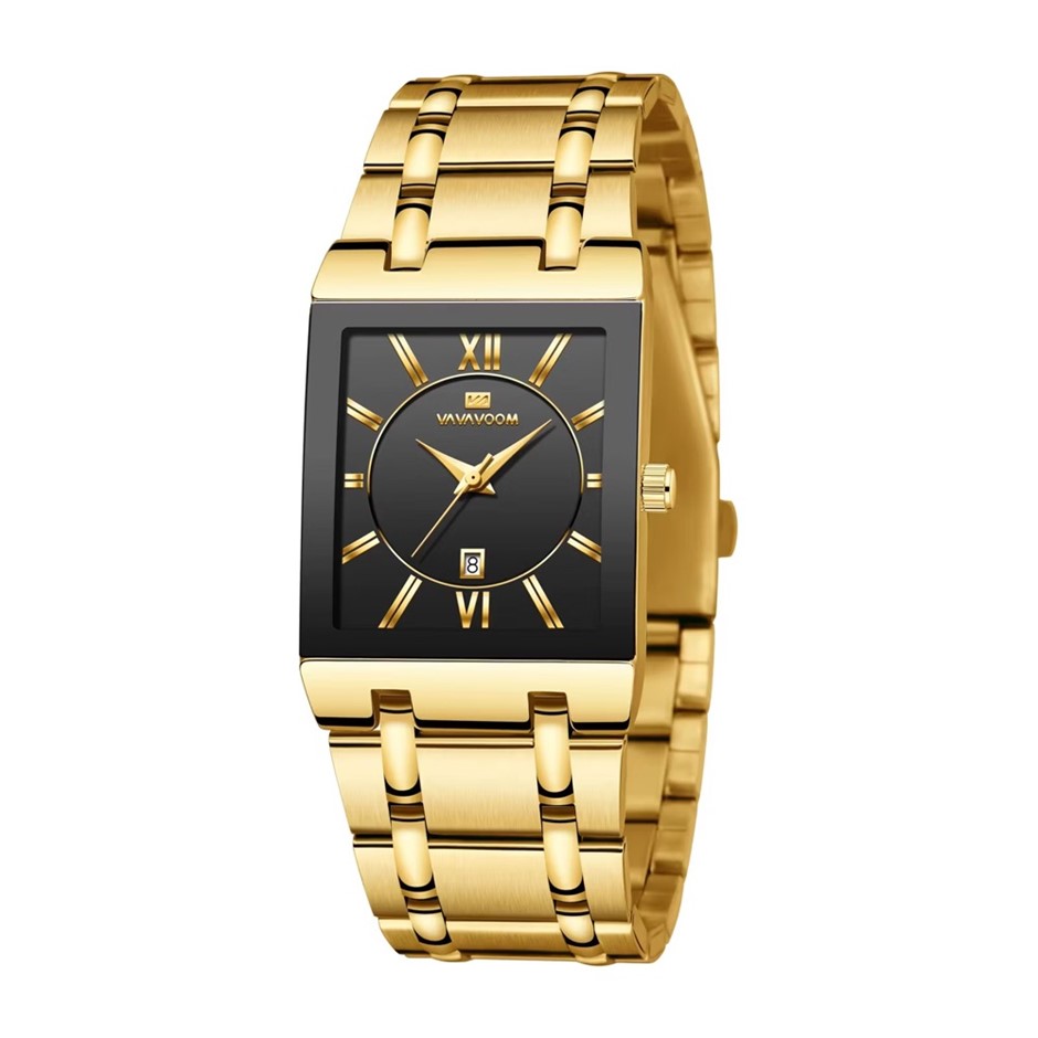 Men Stainless Steel Quartz Watch with Date Calendar - Gold/Black