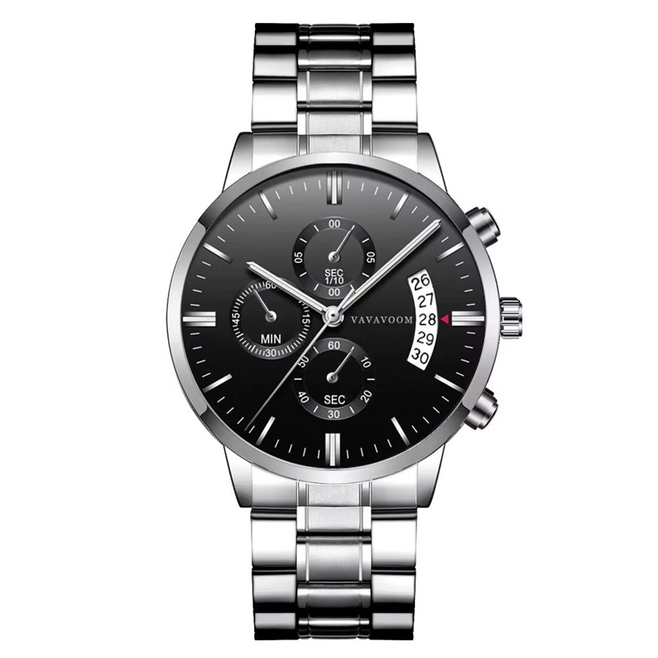 Men's Sports Calendar Luxury Stainless Steel Watch - Silver/Black