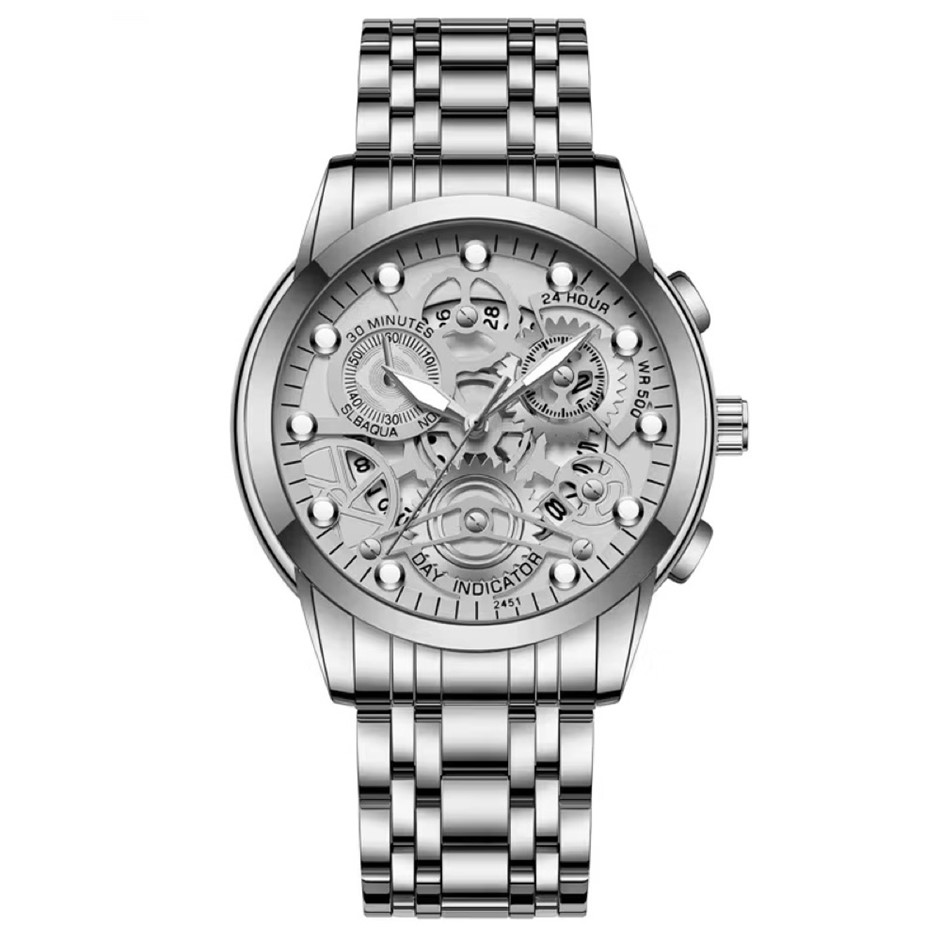 Men's Quartz Watch, Skeleton Design & Mechanical Style, Silver