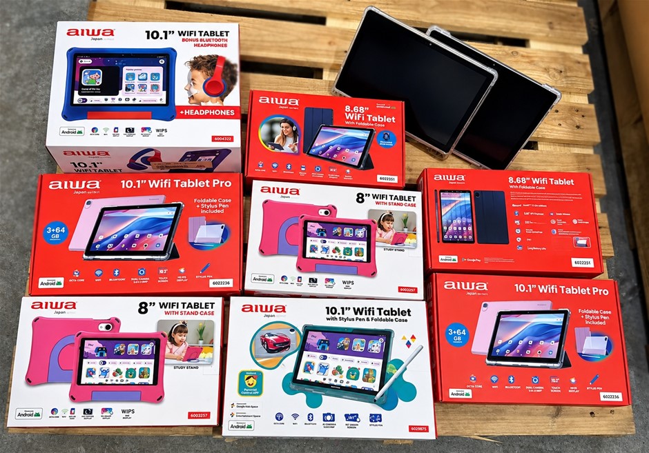 Assorted Aiwa WiFi Tablets – 8", 8.68" & 10.1" Android Models with Cases &