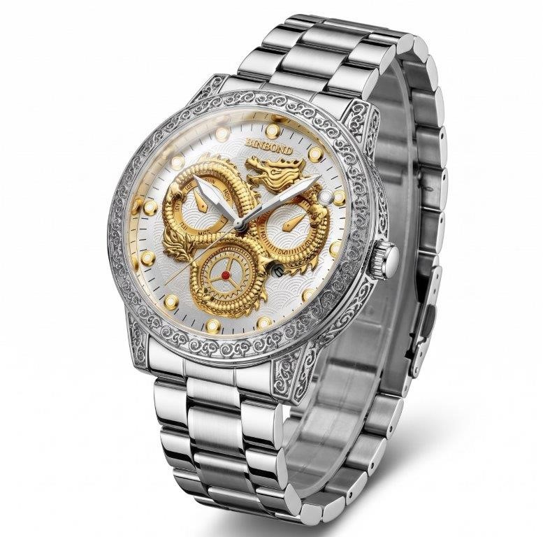 Jewelz Merchants Luxury Men’s Silver & Gold Dragon Watch – Waterproof