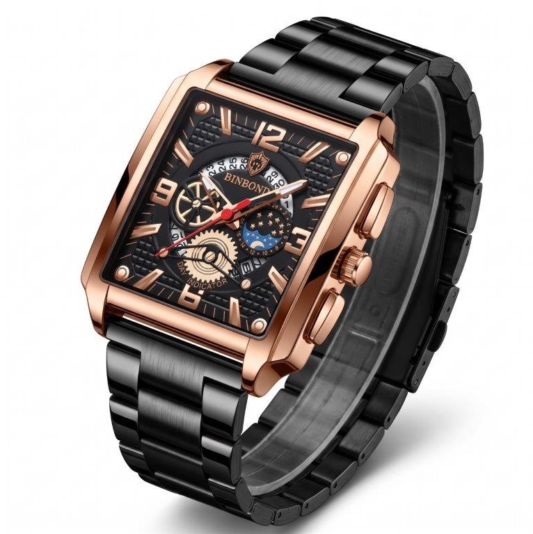 Jewelz Merchants Luxury Men’s Black & Rose Gold-Tone Square Watch –