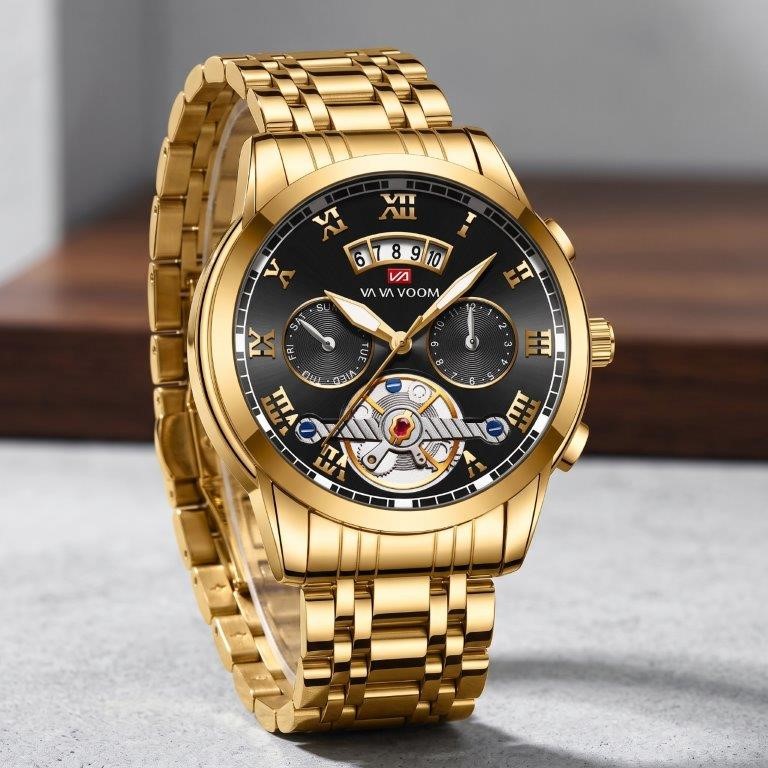 Jewelz Merchants Luxury Men’s Gold-Tone Watch – Black Dial, Multi-Function