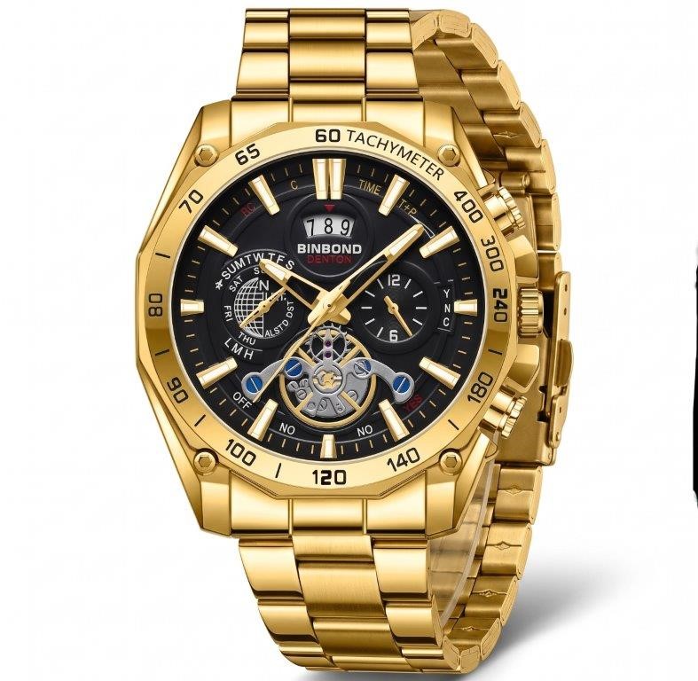 Jewelz Merchants Luxury Men’s Gold Watch – Black Multi-Function Dial