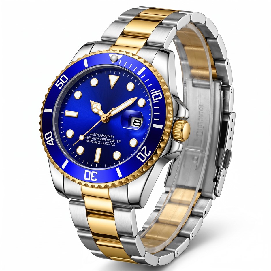 Jewelz Merchants Luxury Men’s Two-Tone Watch – Royal Blue, Gold & Silver