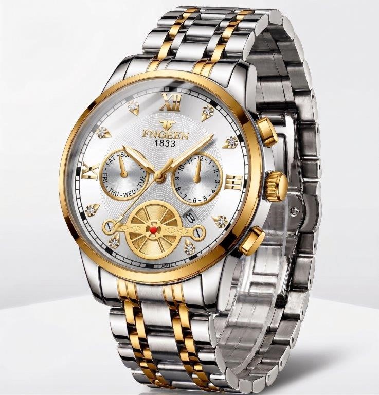 Jewelz Merchants Men’s Luxury Two-Tone Gold & Silver Multi-Function White