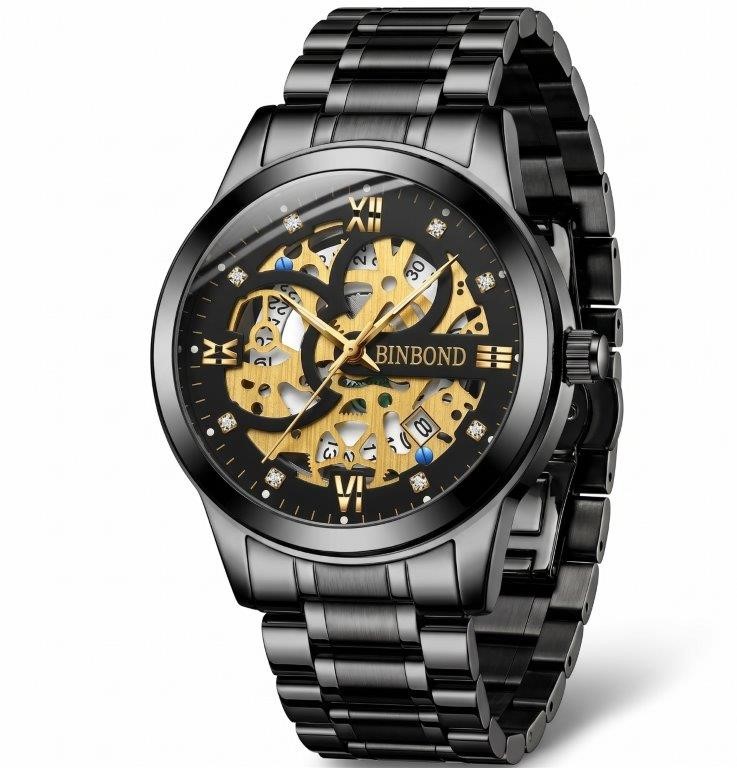 Jewelz Merchants Men’s Luxury Black & Gold Skeleton-Style Waterproof Watch