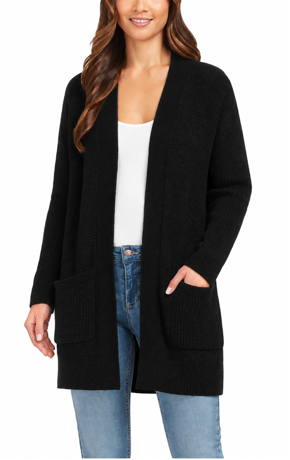 MATTY M Women's Rib Stitch Chenille Cardigan, Size L, 100% Polyester, Black