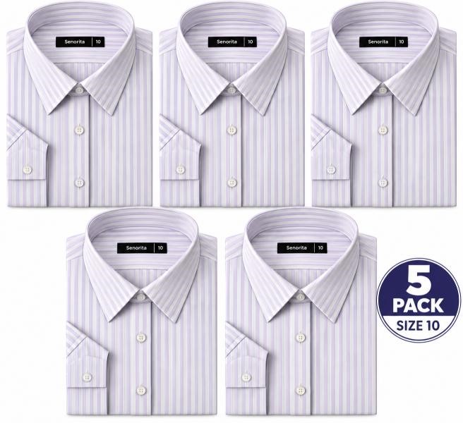 5 PACK Ladies Long Sleeve Business Shirt, Lilac/White, Size 10