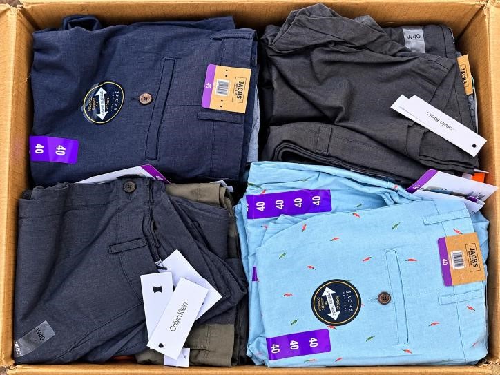 1 BOX of Assorted Mens Shorts (APPROXIMATELY 50 pcs): Calvin Klein, Jachs,