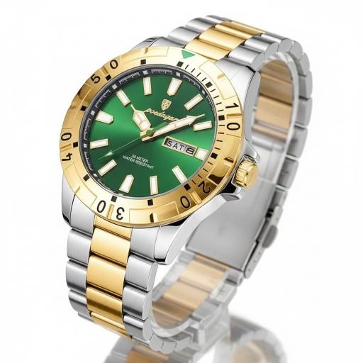POEDAGAR Men's Green Dial Two-Tone Day Date Quartz Watch