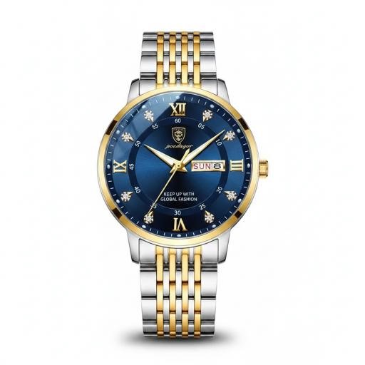 POEDAGAR Men's Two-Tone Blue Dial Quartz Watch with Gift Box