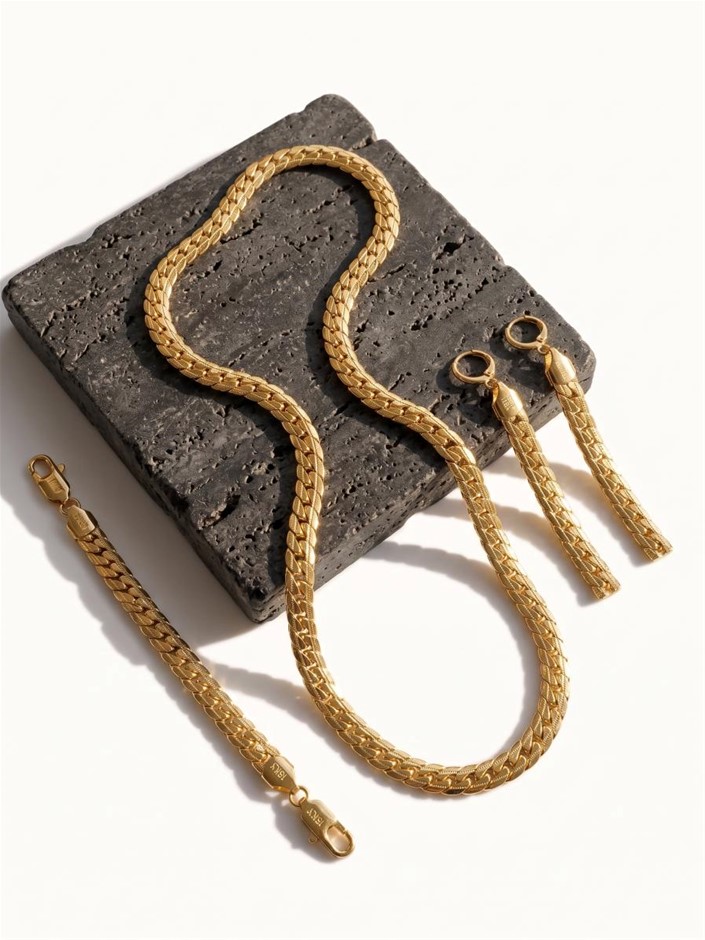 14K/Italy Stamped Set Yellow Gold Bonded Chain and Bracelet & Earrings