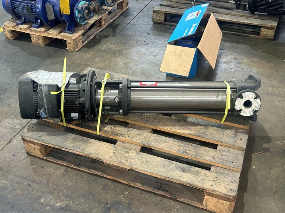 Grundfos vertical centrifugal pump, secured on pallet.