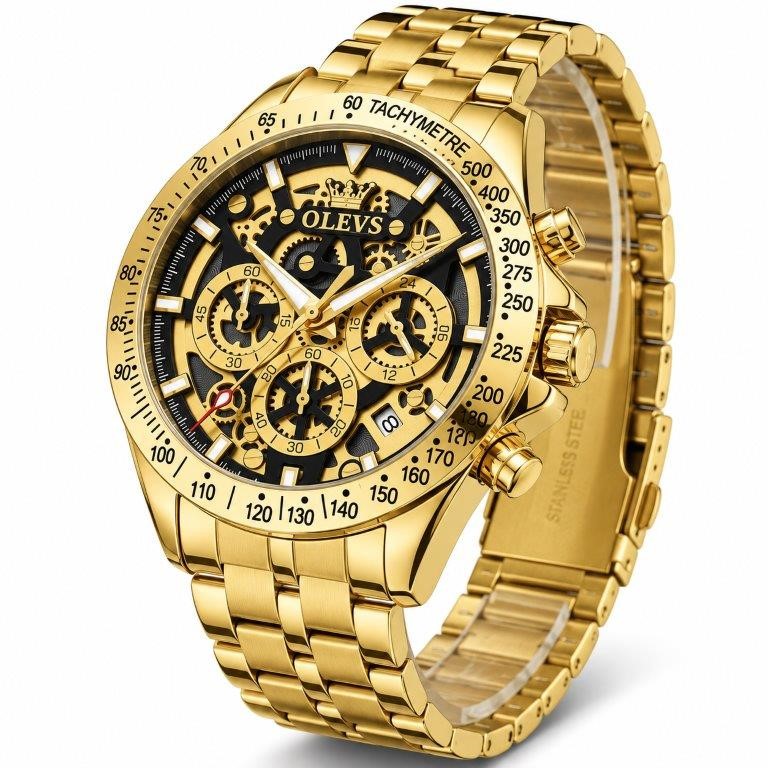Luxury OLEVS Skeleton Gold-Tone Men's Watch w/ Premium Gift Box