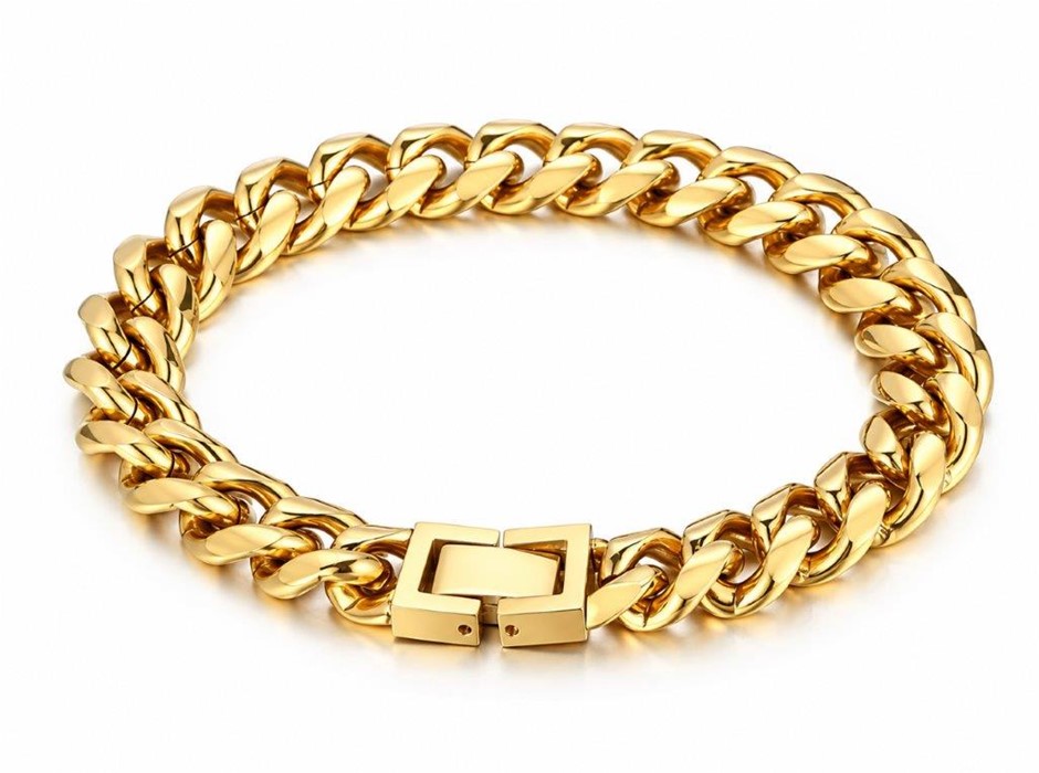 Men’s Luxury Miami Cuban Bracelet -PVD Gold Plated Stainless Steel-22cm