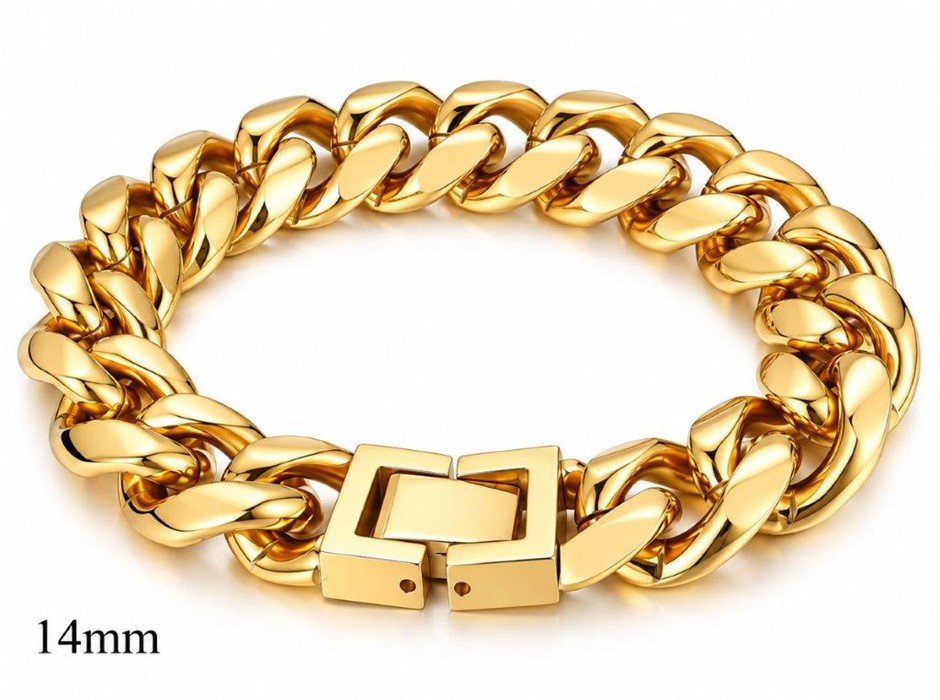 Men’s Luxury Miami Cuban Bracelet -PVD Gold Plated Stainless Steel-22cm