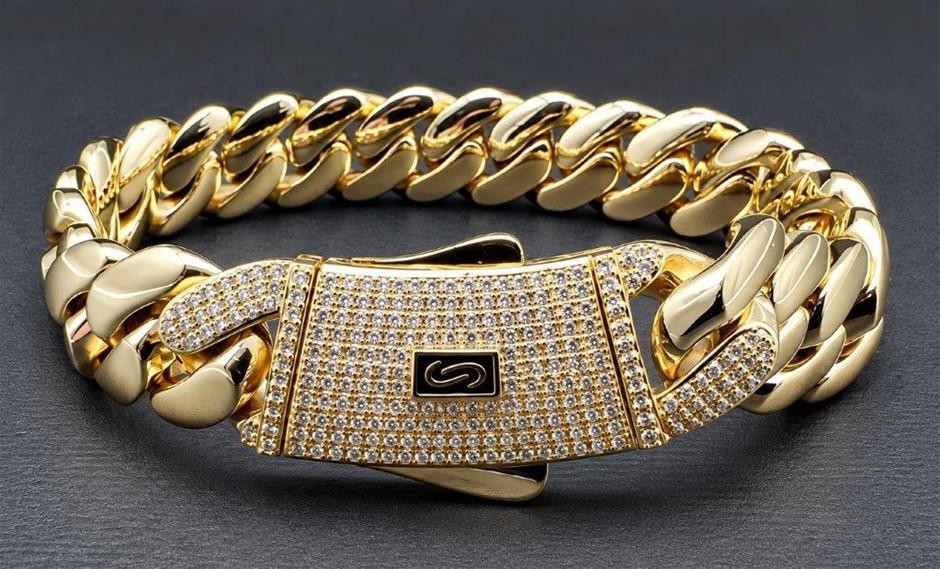 18K/Italy Triple Solid Yellow Gold Plated Cuban Bracelet -20.5cm-14mm