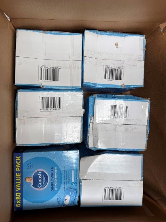 6 x 6x80 Curash Baby Wipes. NB: Slightly damaged packaging.