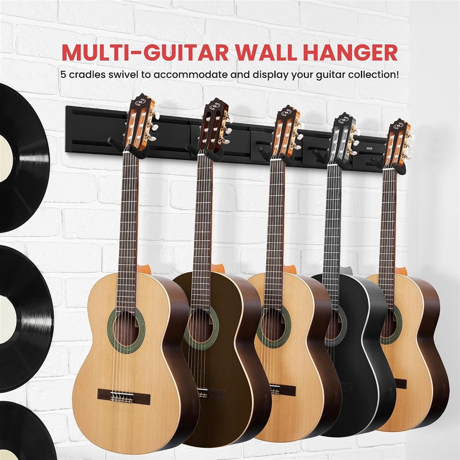 PYLE Guitar Wall Mount Rack, 5 Adjustable Hangers for Multiple Guitars. GUI