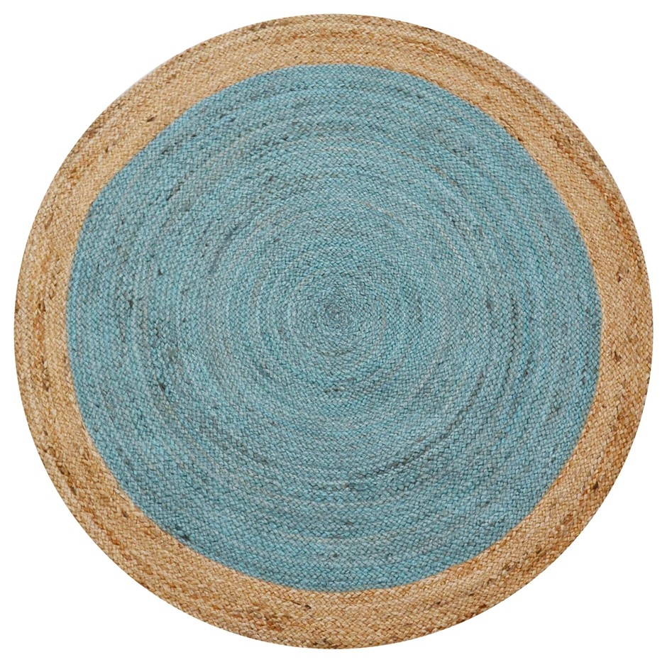 JUTE Handwoven Border Round Rug, 120cm, Natural/Teal Blue.