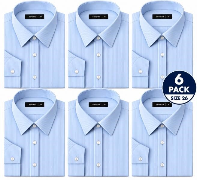 6 PACK Ladies Medium Sleeve Business Shirt, Blue Stripe, Size 26